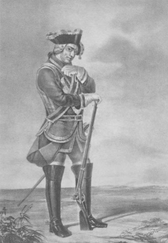 Гренадер Лейб-кампании в кавалергардском уборе. 1742—1762 гг. Гравюра