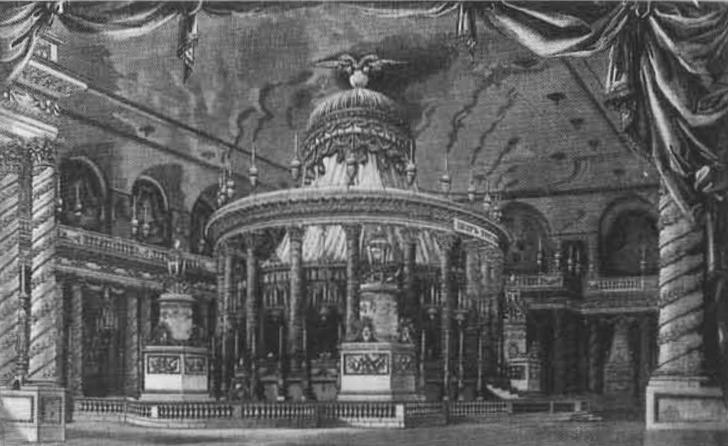Катафалк, воздвигнутый над гробницами Петра III и Екатерины II в Петропавловском соборе. По рисунку Бренна с акватинты Майера