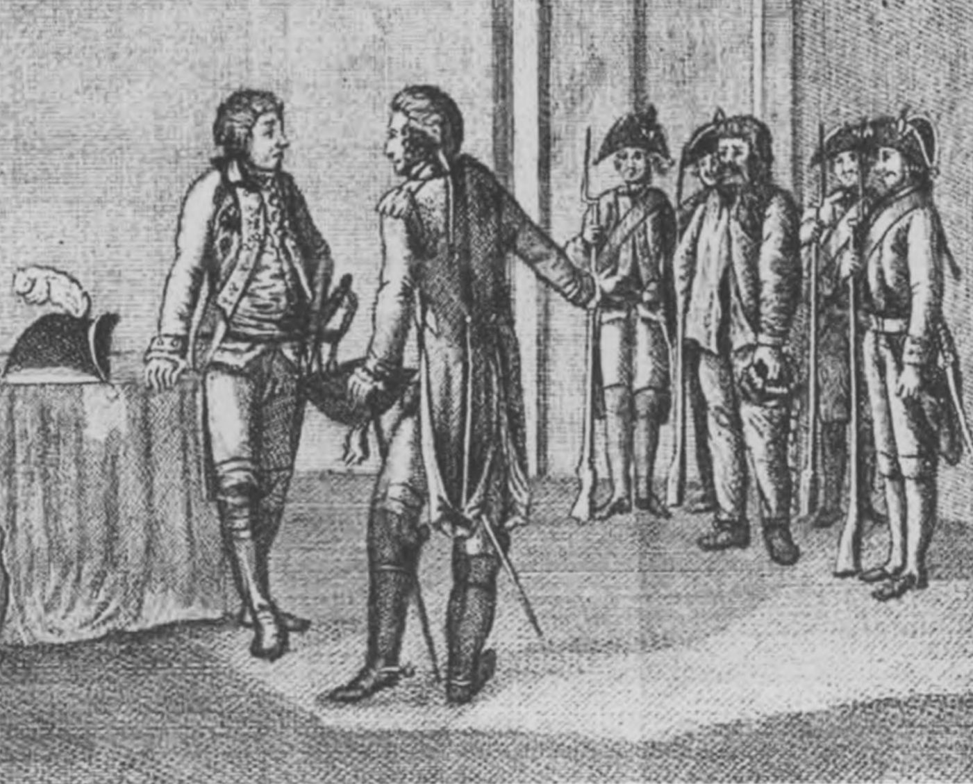 Комендант Яицкого городка И.Я. Симонов передает пленного самозванца А.В. Суворову 16 сентября 1774 года. Гравюра Г. Гейзера. 1796 г.