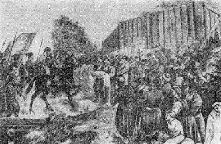 Вступление повстанцев в Илецкий казачий городок 21 сентября 1773 г. Картина художника В. Тельнова