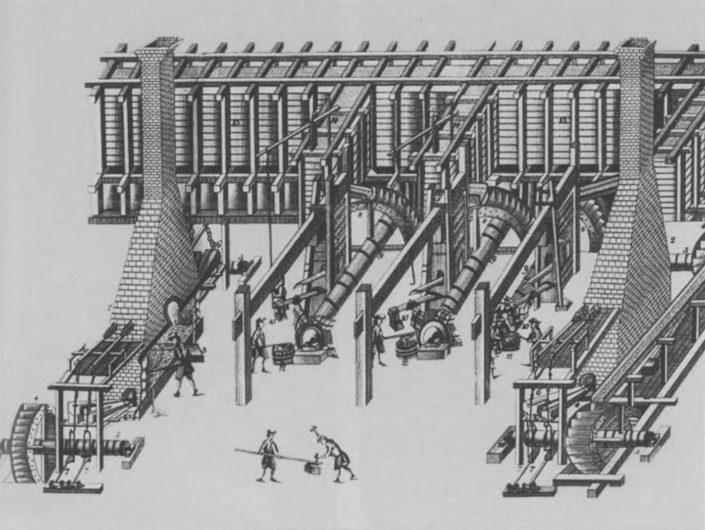 Молотовой цех уральского завода. Рисунок 1760-х гг. из альбома И. Шлаттера